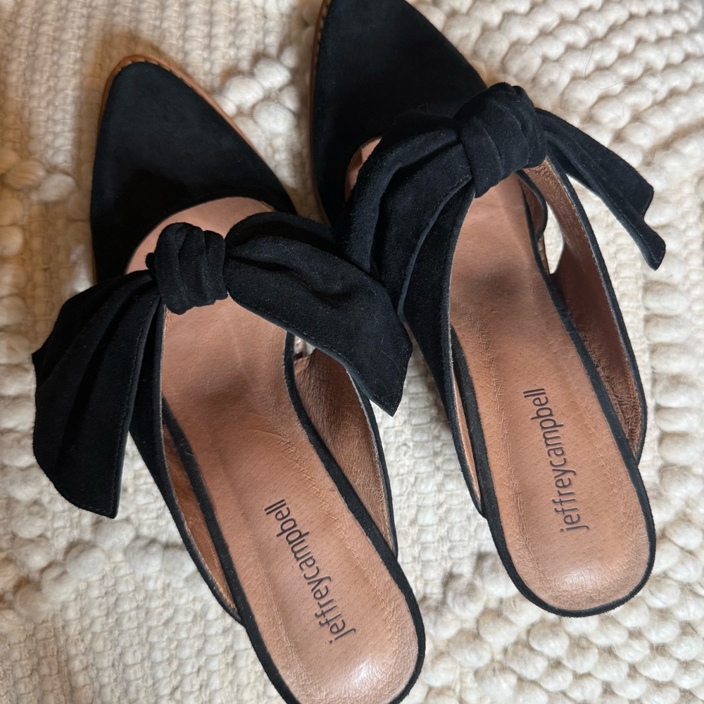 Jeffrey Campbell Black Suede Mules with Bow Detail